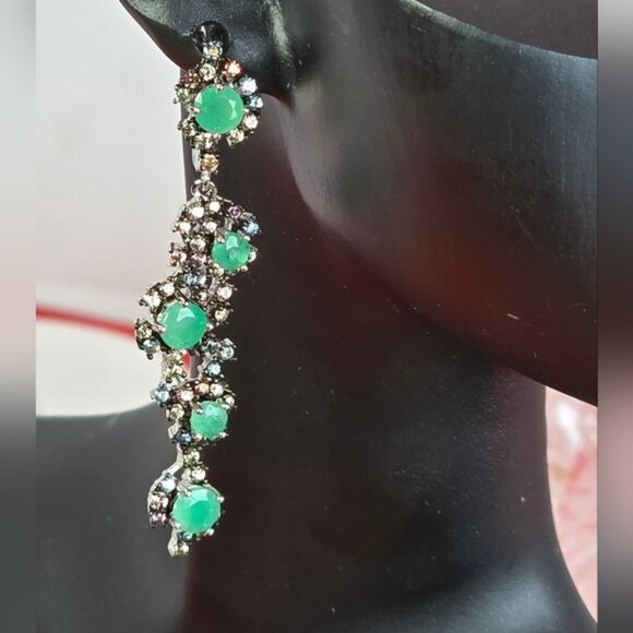 925 Sterling Silver Earrings 4.5cm with Natural Emerald 4mm & Sapphire Gemstone. - Picture 1 of 10